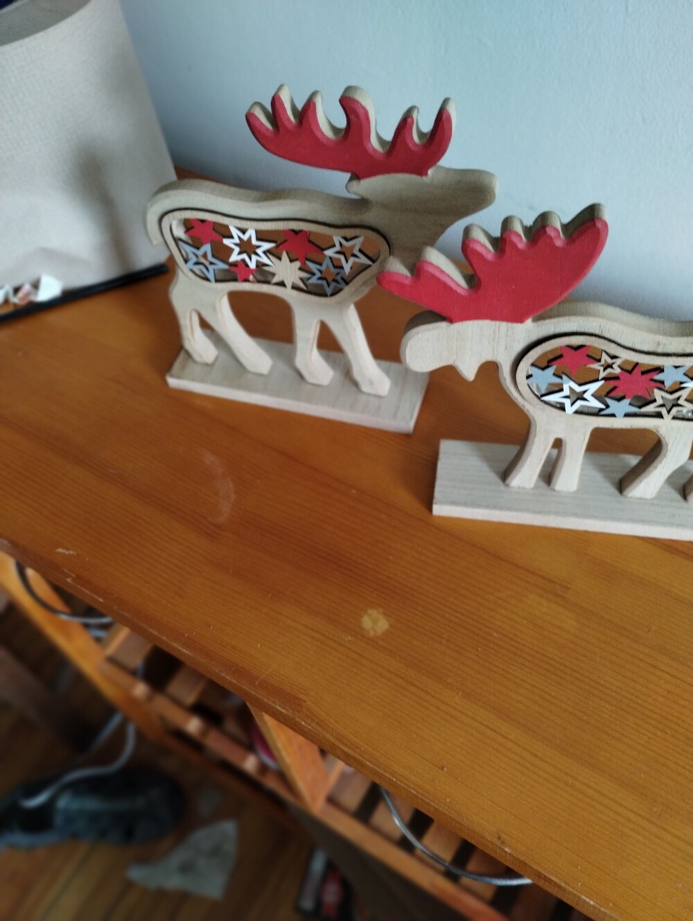 Wooden Decorative Moose Pair with Red Antlers